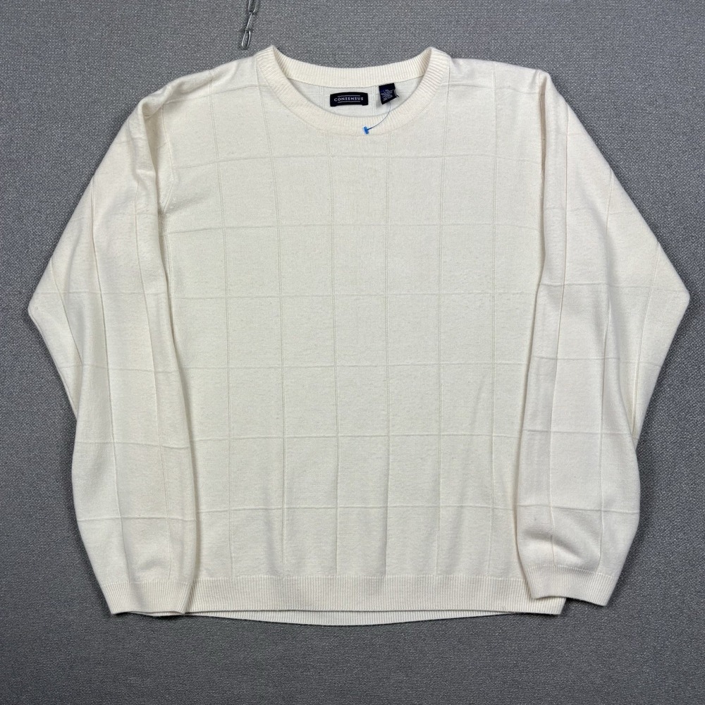 Consensus Acrylic Crewneck Sweater Pullover Mens XL Beige Checkered Knit